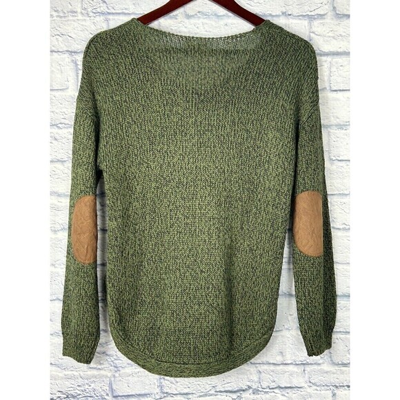 Cupcake Womens Size M Army Green Sweater V Neck Elbow Patch Side Slits Cozy T4 - Picture 6 of 12